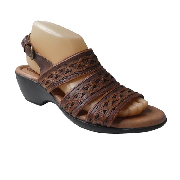 Clarks Brown Leather Open Toe Heeled Comfort Sandals Womens 9 Narrow - Picture 1 of 12